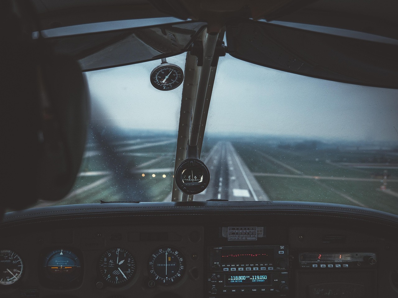 Photograph of a view out of a plane's cockpit